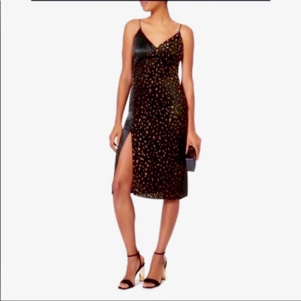 INTERMIX Ava Velvet Leopard print front slit black cocktail slip Dress sz.0